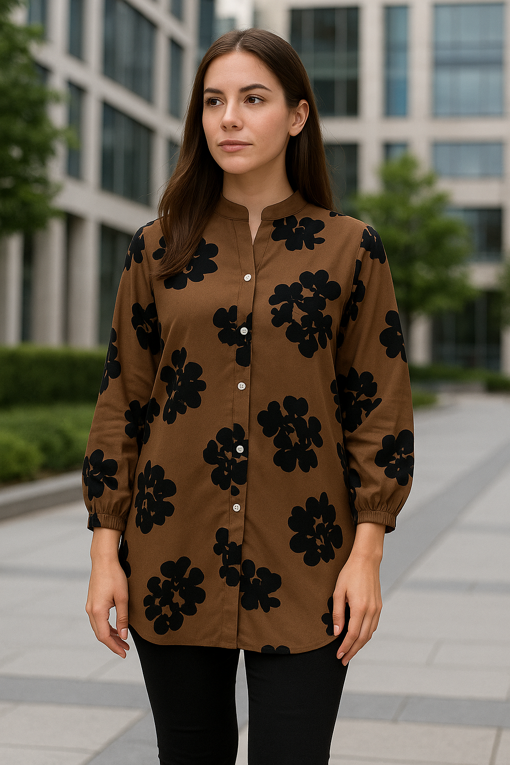 Brown Floral Printed Button-Down Shirt