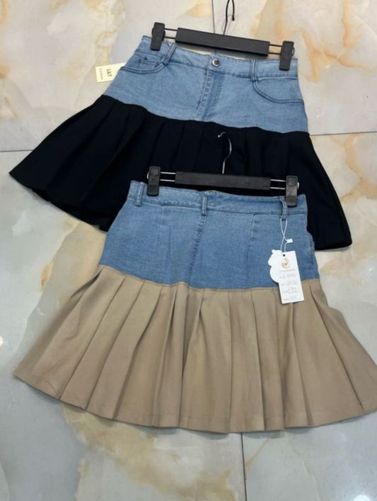 Denim & Beige Pleated Mini Skirt