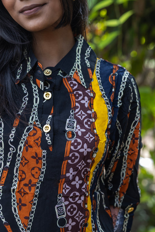 Retro Chain Print Long Shirt Dress