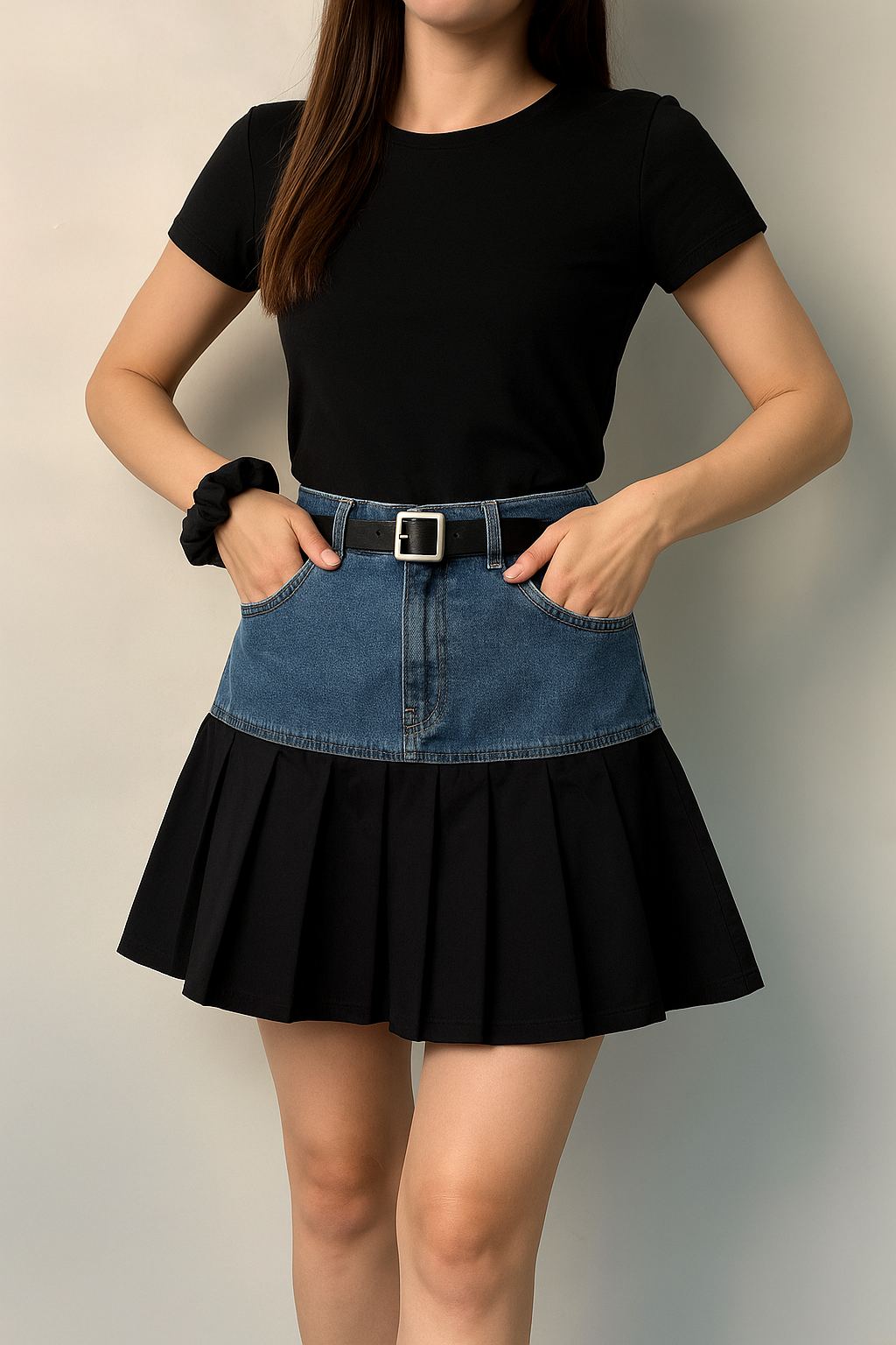 Denim & Beige Pleated Mini Skirt