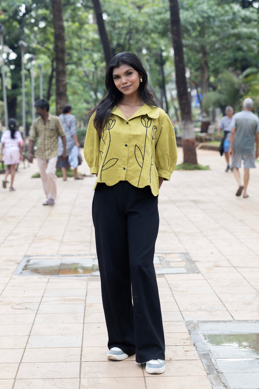 Lotus Puff Embroidered Shirt – Olive Green