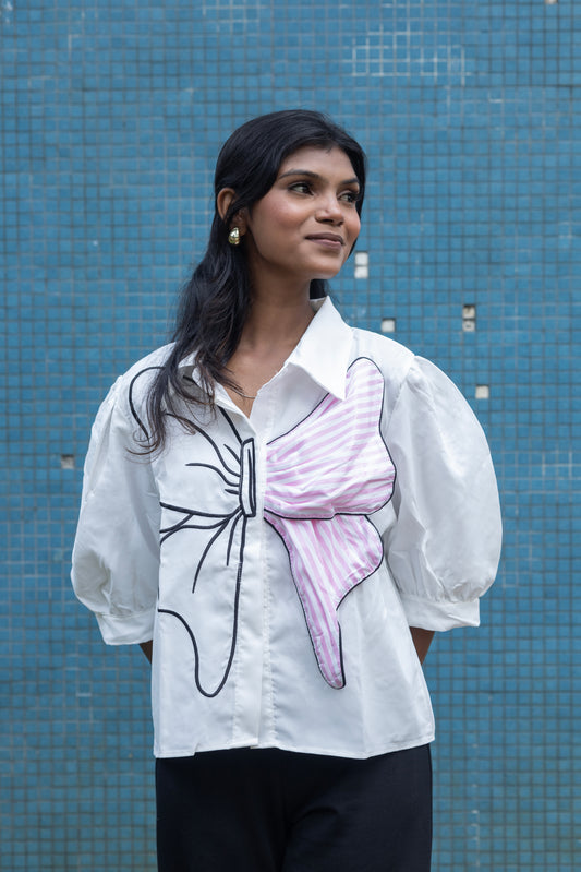 White Puff Sleeve Shirt with 3D Pink Butterfly Patch