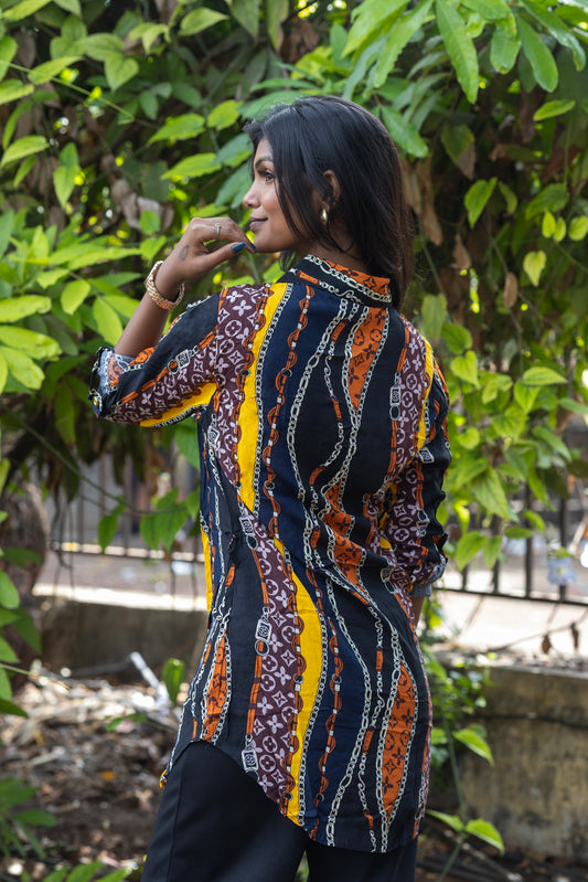 Retro Chain Print Long Shirt Dress