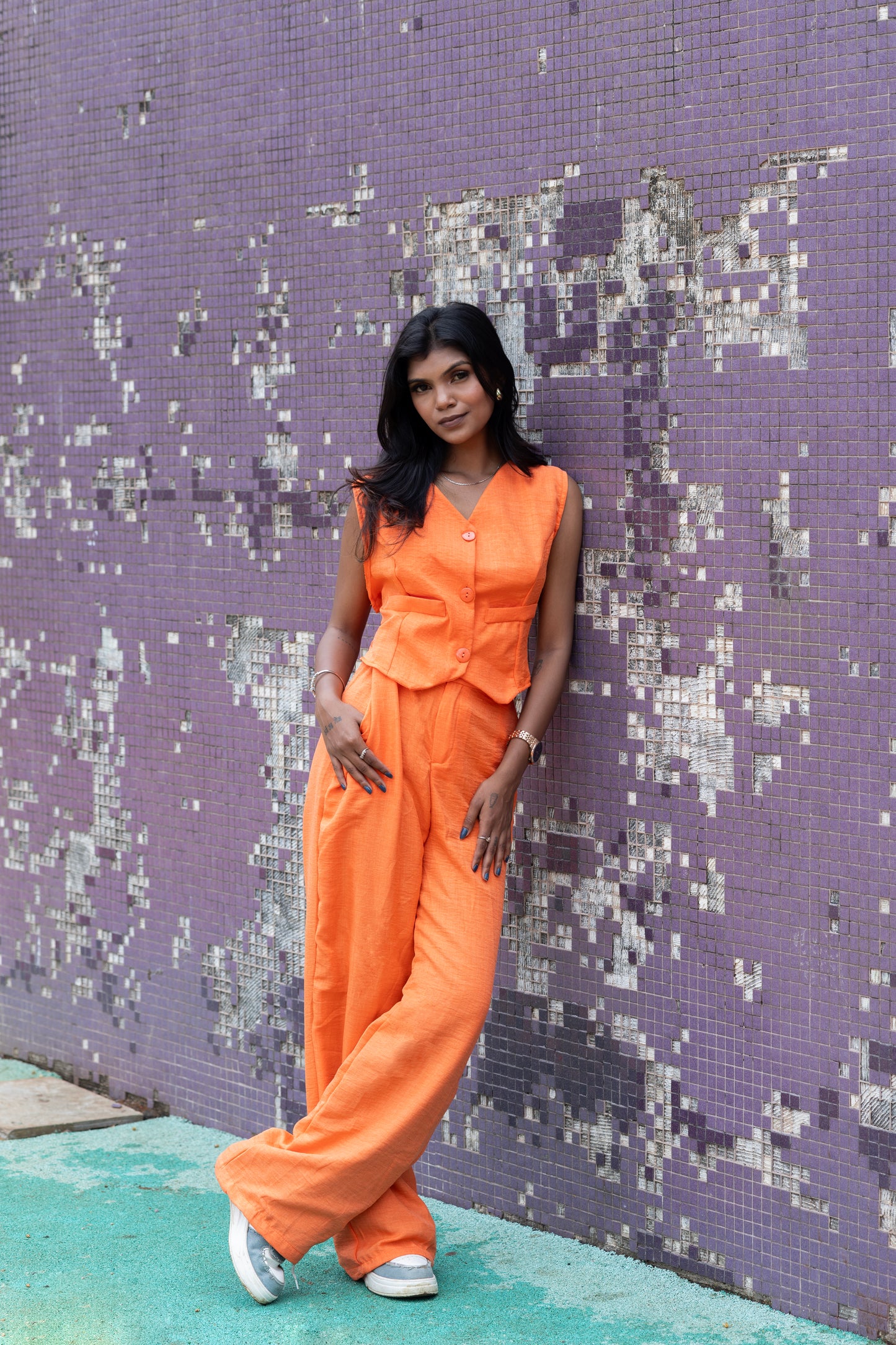 Bold Orange Co-Ord Set | Sleeveless Shirt & Wide-Leg Pants