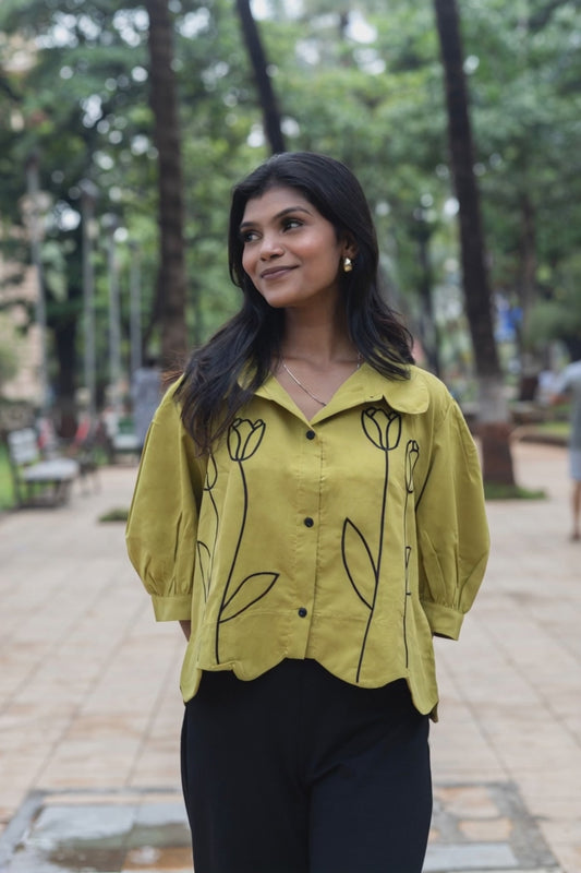 Lotus Puff Embroidered Shirt – Olive Green